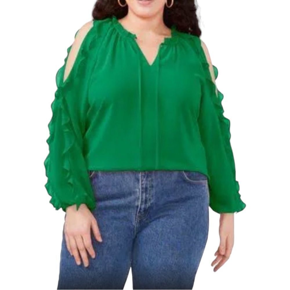 ☀️☀️☀️ 1. STATE Ruffle Cold Shoulder Georgette Top in Electric Green